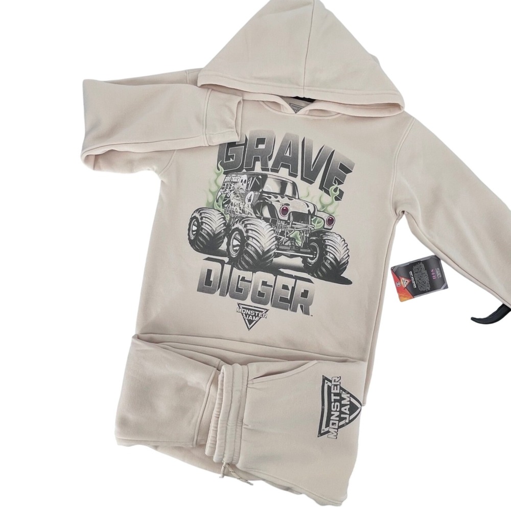 Monster Trucks 2 Piece Hoodie Jogger Set Kids Large 10/12 Tan Fleece Fall Comfy